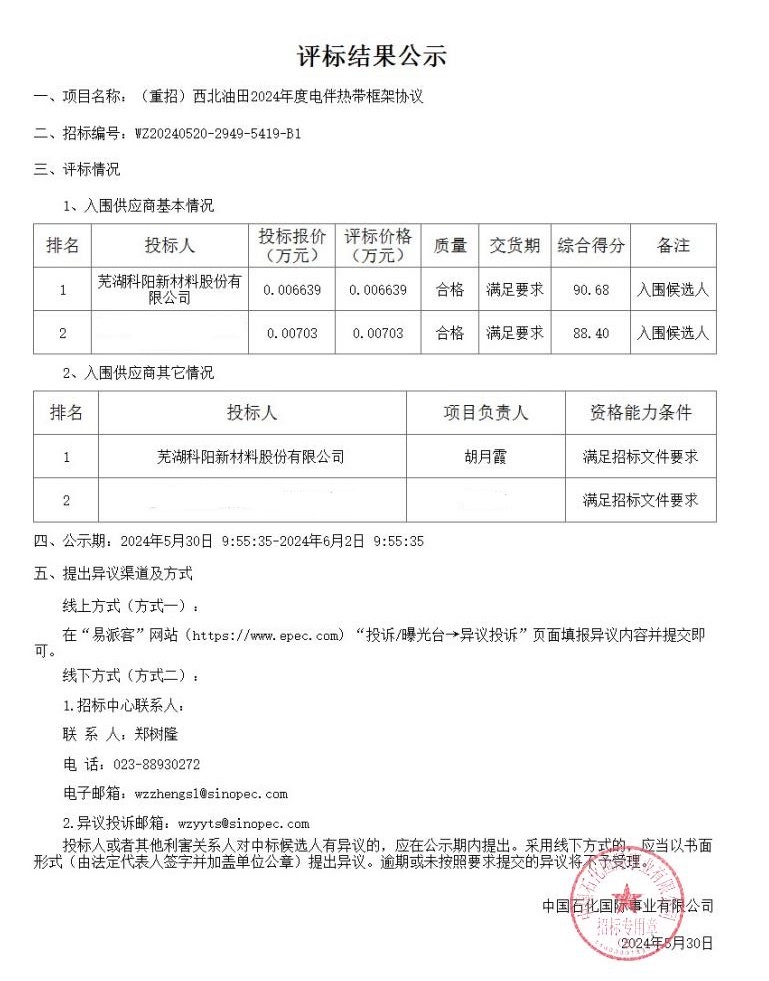芜湖科阳中标中国石化西北油田2024年度电伴热带框架协议
